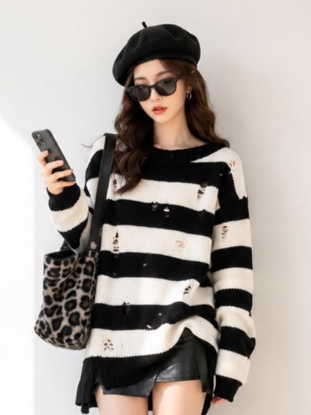 Women’s Black & White Striped Distressed Knit Sweater